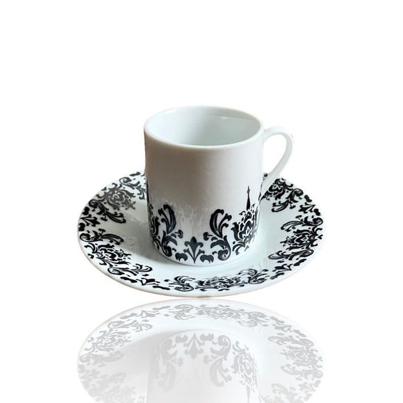 Set of 2 Damask Print Espresso Cups with Saucers NEW - Picture 2 of 6